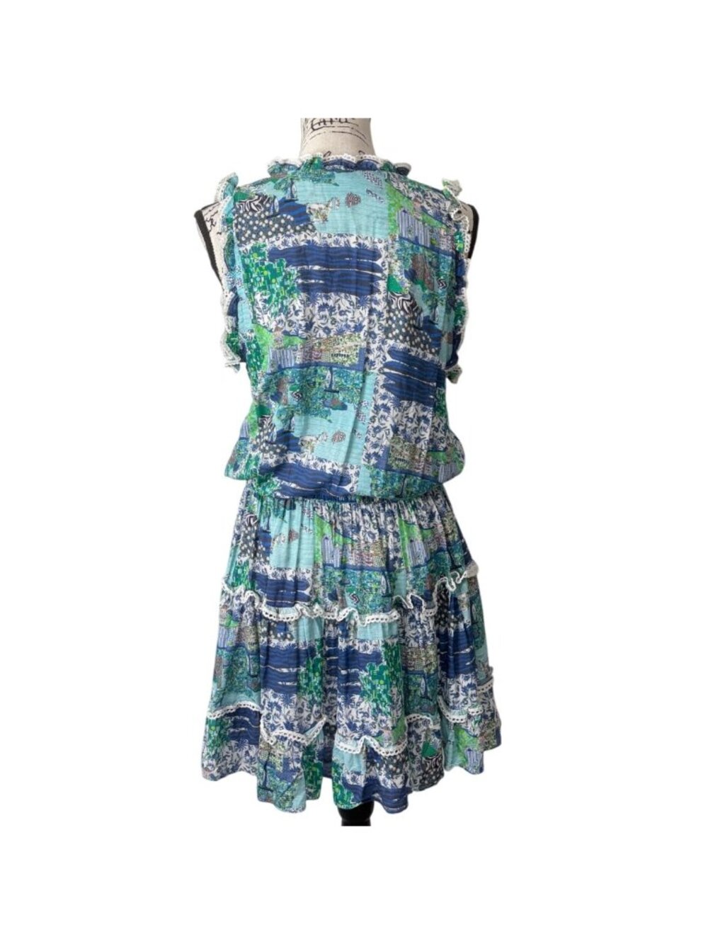 Taj By Sabrina Crippa Womens Size L Tiered Dress Sleeveless Blue Green Patchwork - Picture 3 of 7